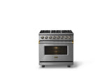 36"W. Dual Fuel Range (Burner: 6b, Finish: Stainless Steel, Trim: Brushed Brass, Fuel: Natural Gas)