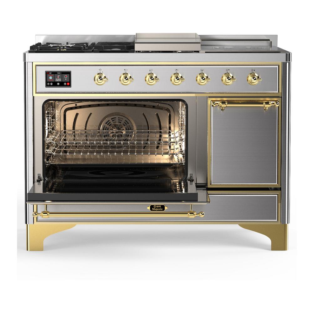 ILVE UM48FSQNR3SSGLP Majestic III 48 inch Dual Fuel Range with 5 Black Brass Burners, Griddle and French Top, Dual Function Burner up to 25,000 BTU (Liquid Propane, Solid Door, Stainless Steel, Brass)