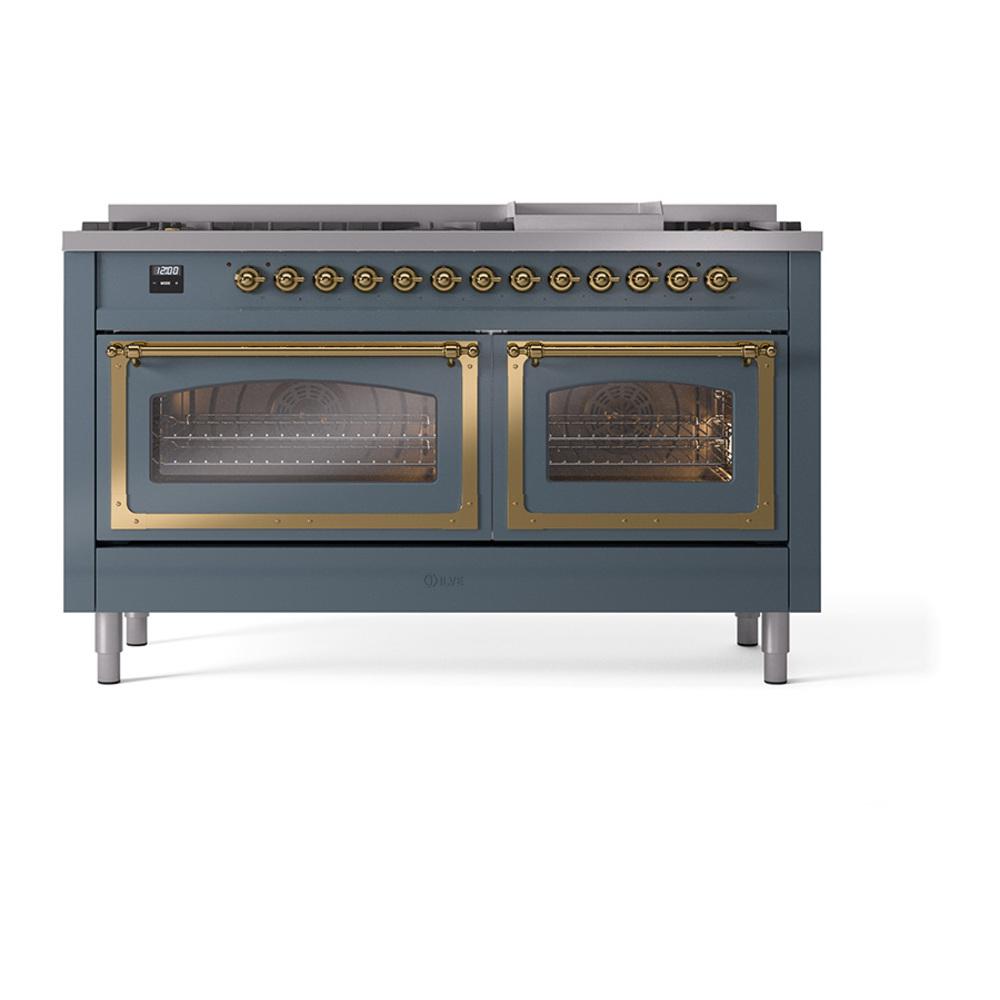 ILVE UN60FNMPBGG Nostalgie II Noblesse 60 inch Dual Fuel Range (9 Sealed Burners + Griddle, Natural Gas, Triple Glass Door, Blue Grey, Brass)