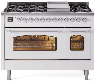 Nostalgie II 48 Inch Dual Fuel Natural Gas Freestanding Range in White with Chrome Trim
