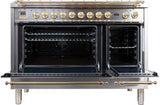 Nostalgie 48 Inch Dual Fuel Natural Gas Freestanding Range in Stainless Steel with Brass Trim