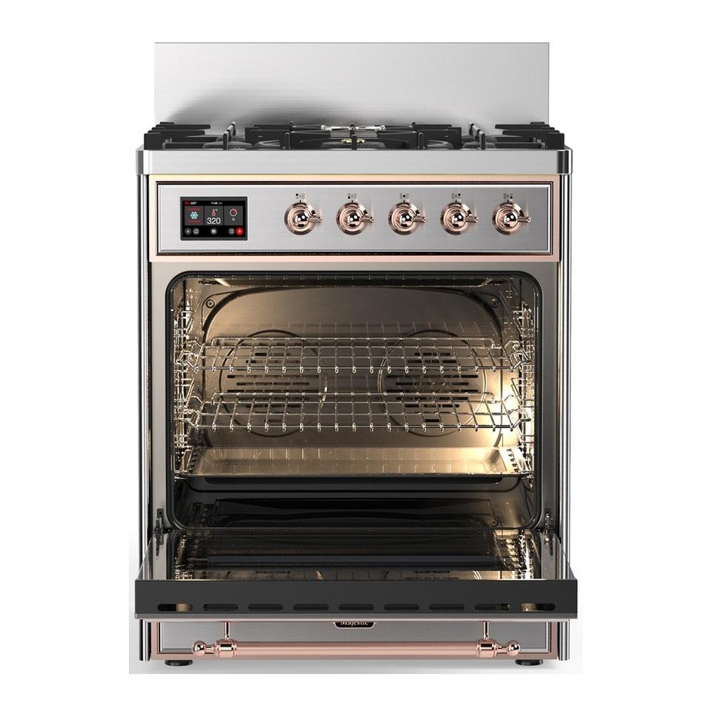 ILVE UM30NR3SSP Majestic III 30 inch Dual Fuel Range with 5 Black Brass Burners, Dual Function Burner up to 25,000 BTU (Natural Gas, Triple Glass Door, Stainless Steel, Copper)