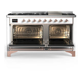 ILVE UM60FQNR3WHPLP Majestic III 60 inch Dual Fuel Range with 9 Burners and Griddle, Dual Function Burner up to 25,000 BTU (Liquid Propane, Solid Door, White, Copper)