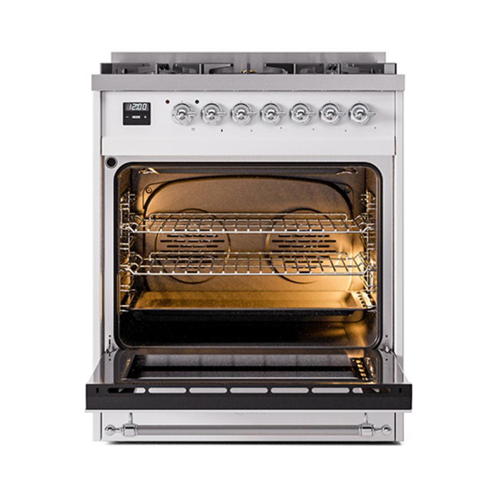 ILVE UN30NMPWHCLP Nostalgie II Noblesse 30 inch Dual Fuel Range (Liquid Propane, Triple Glass Door, White, Chrome)