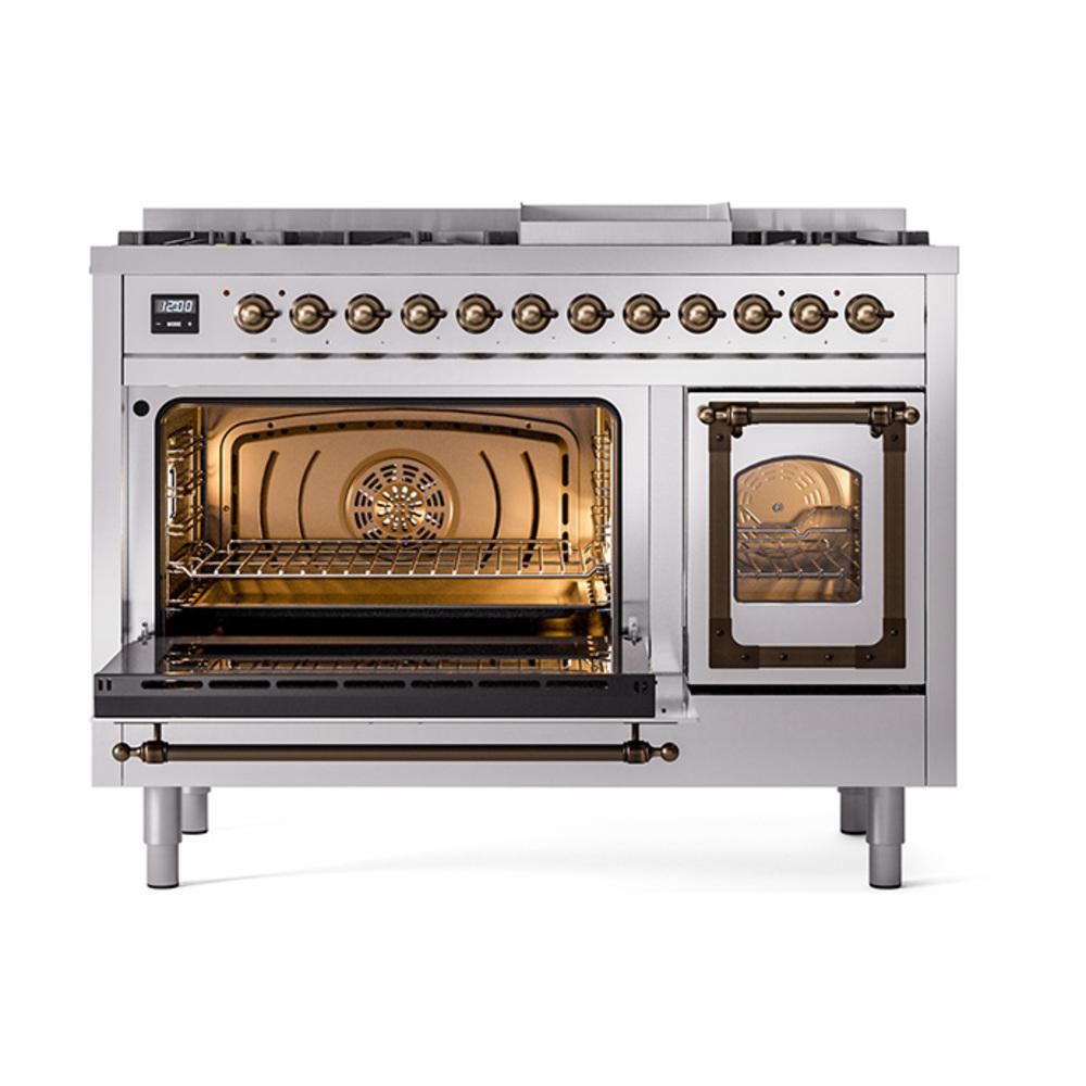 ILVE UN48FNMPSSB Nostalgie II Noblesse 48 inch Dual Fuel Range (8 Sealed Burners + Griddle, Natural Gas, Triple Glass Door, Stainless Steel, Burnished)