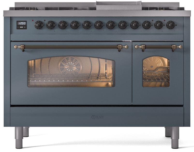 Nostalgie II 48 Inch Dual Fuel Liquid Propane Freestanding Range in Blue Grey with Bronze Trim