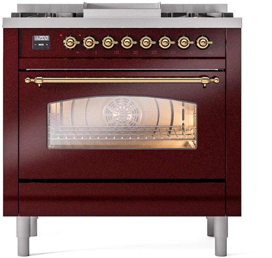 Nostalgie II 36 Inch Dual Fuel Natural Gas Freestanding Range in Burgundy with Brass Trim