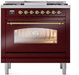 Nostalgie II 36 Inch Dual Fuel Natural Gas Freestanding Range in Burgundy with Brass Trim
