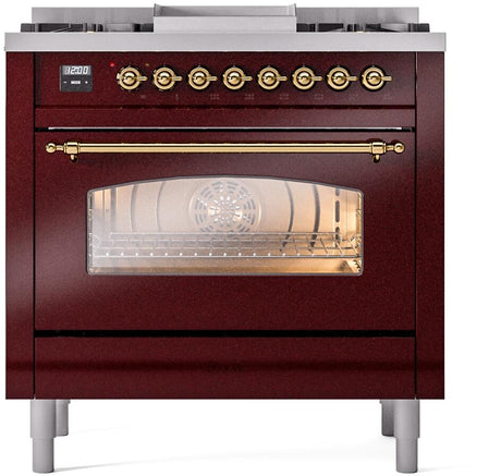 Nostalgie II 36 Inch Dual Fuel Natural Gas Freestanding Range in Burgundy with Brass Trim