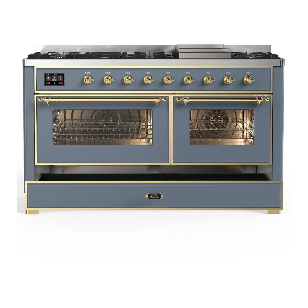 ILVE UM60FNR3BGG Majestic III 60 inch Dual Fuel Range with 9 Burners and Griddle, Dual Function Burner up to 25,000 BTU (Natural Gas, Triple Glass Door, Blue Grey, Brass)