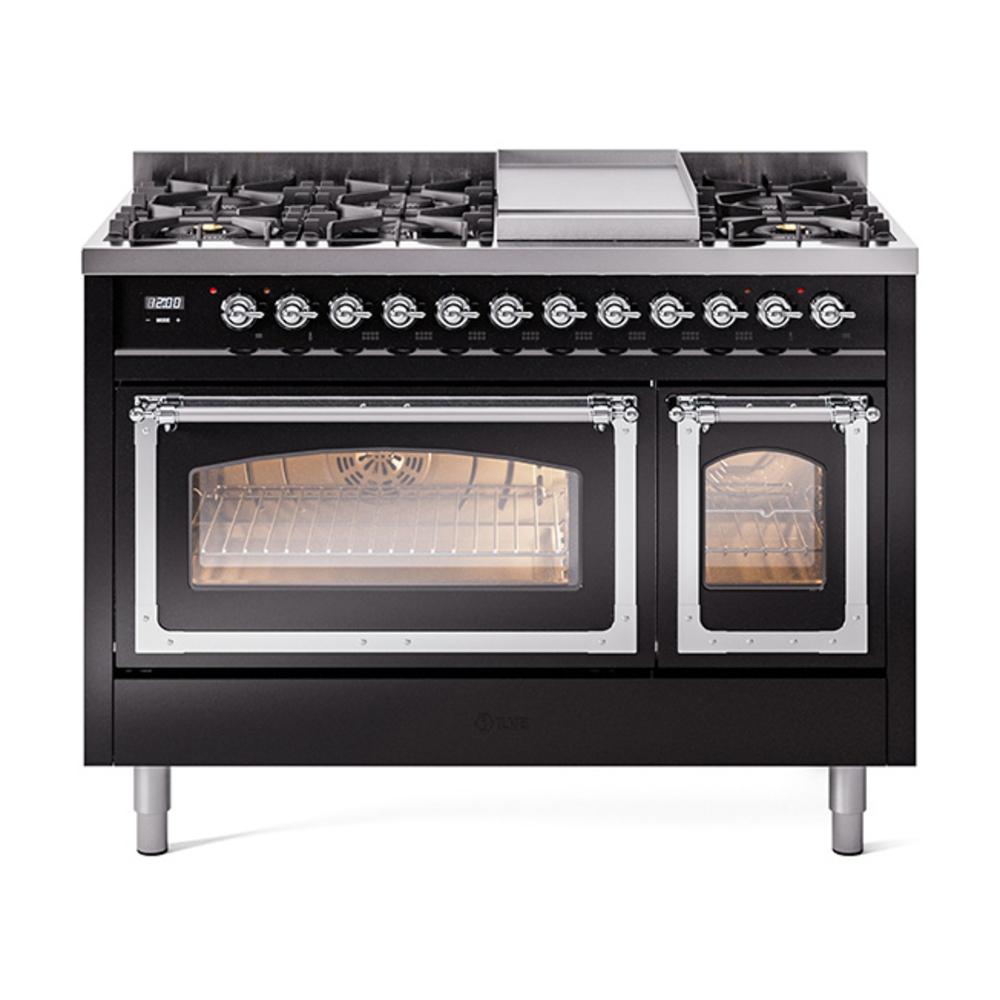 ILVE UN48FNMPBKCLP Nostalgie II Noblesse 48 inch Dual Fuel Range (8 Sealed Burners + Griddle, Liquid Propane, Triple Glass Door, Glossy Black, Chrome)