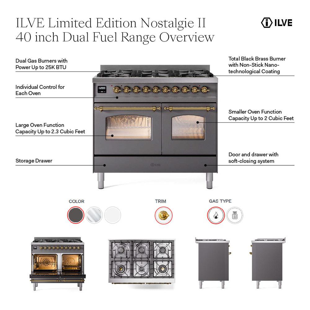 ILVE UPD406NMPMGGLP Nostalgie II 40 inch Dual Fuel Range with 6 Total Black Brass Burners, Brass Trim (Limited Edition) (Liquid Propane, Graphite Matte)