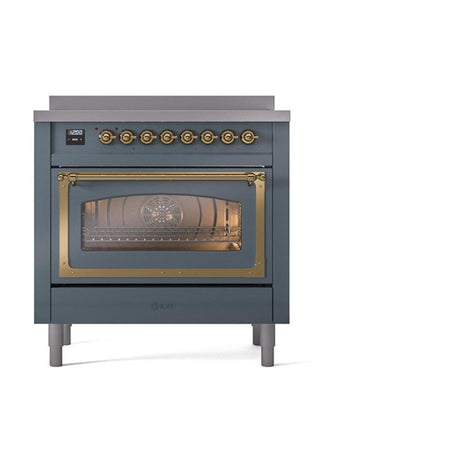 ILVE UNI366NMPBGG Nostalgie II Noblesse 36 inch Induction Range (Triple Glass Door, Blue Grey, Brass)