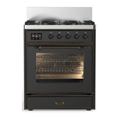 ILVE UM30NR3MGB Majestic III 30 inch Dual Fuel Range with 5 Black Brass Burners, Dual Function Burner up to 25,000 BTU (Natural Gas, Triple Glass Door, Graphite Matte, Burnished)