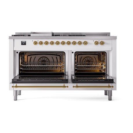 ILVE UN60FSQNMPWHGLP Nostalgie II Noblesse 60 inch Dual Fuel Range (7 Sealed Burners + Griddle + French Top, Liquid Propane, Solid Door, White, Brass)