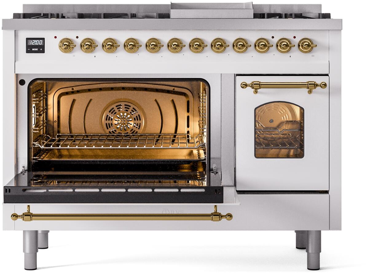 Nostalgie II 48 Inch Dual Fuel Liquid Propane Freestanding Range in White with Brass Trim