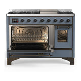 ILVE UM48FNR3BGB Majestic III 48 inch Dual Fuel Range with 8 Burners and Griddle, Dual Function Burner up to 25,000 BTU (Natural Gas, Triple Glass Door, Blue Grey, Burnished)