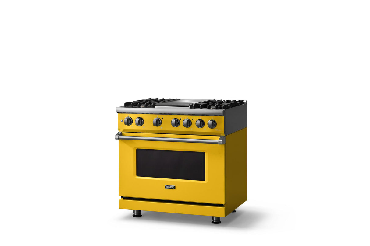36"W. Dual Fuel Range (Burner: 4g, Finish: Daffodil, Trim: Polished Chrome, Fuel: Natural Gas)