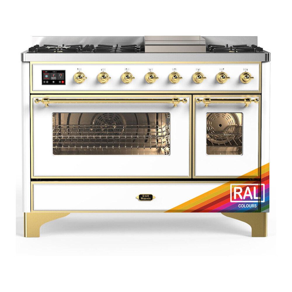 ILVE UM48FNR3RAG Majestic III 48 inch Dual Fuel Range with 8 Burners and Griddle, Dual Function Burner up to 25,000 BTU (Natural Gas, Triple Glass Door, RAL, Brass)
