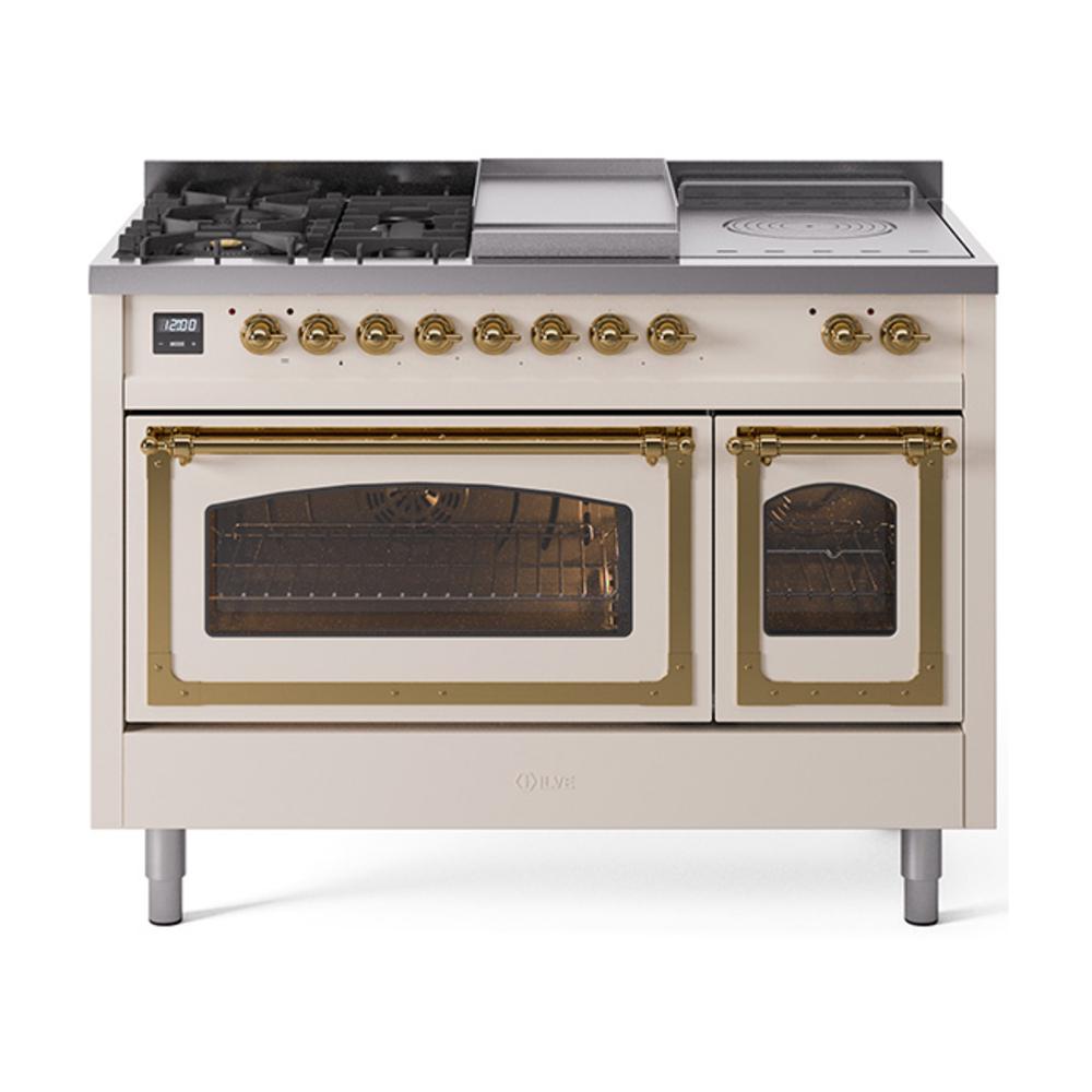 ILVE UN48FSNMPAWG Nostalgie II Noblesse 48 inch Dual Fuel Range (5 Sealed Burners + Griddle + French Top, Natural Gas, Triple Glass Door, Antique White, Brass)