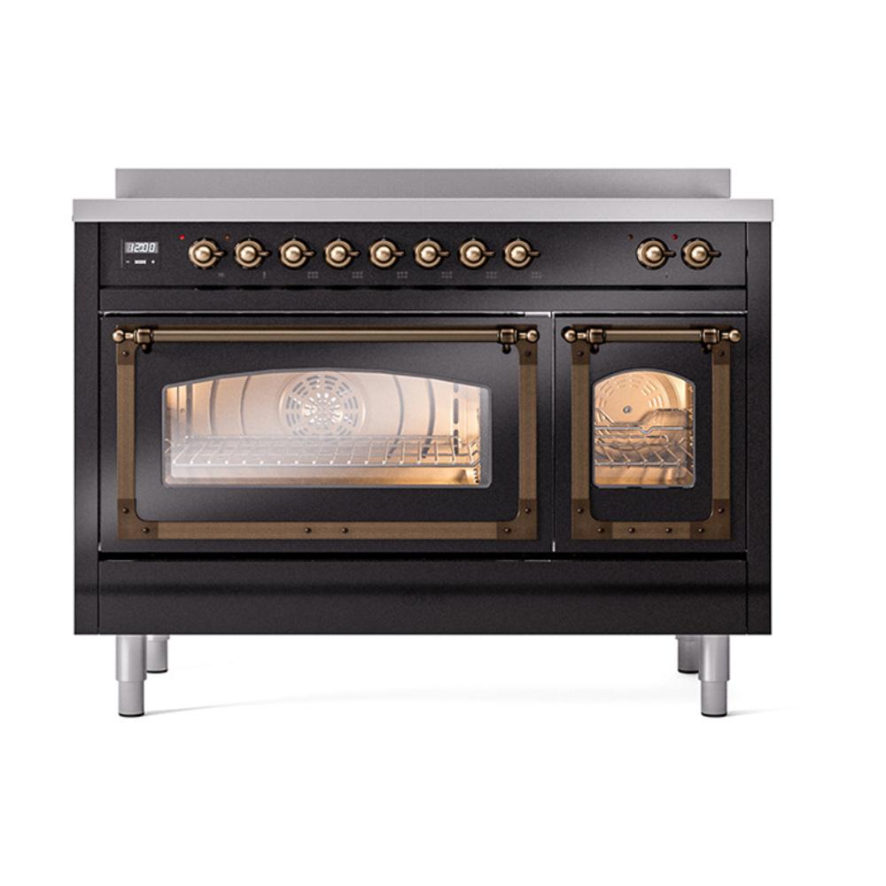 ILVE UNI486NMPBKB Nostalgie II Noblesse 48 inch Induction Range (Triple Glass Door, Glossy Black, Burnished)