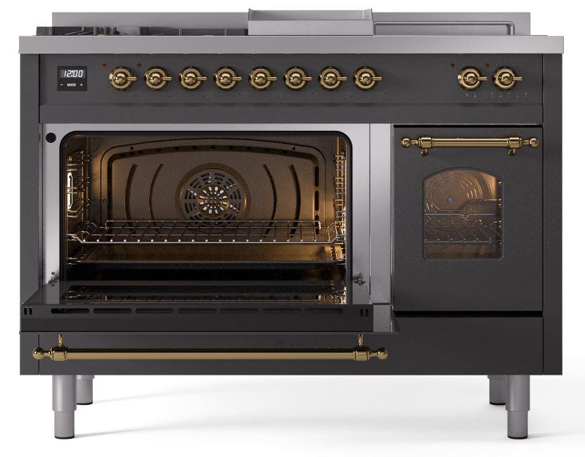 Nostalgie II 48 Inch Dual Fuel Liquid Propane Freestanding Range in Matte Graphite with Brass Trim