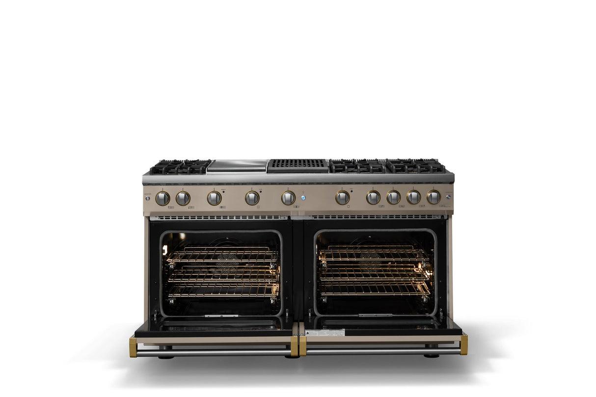 60"W. Sealed Burner Gas Range (Finish: Nantucket, Trim: Brushed Brass, Fuel: Natural Gas)