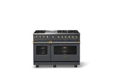 48"W. Dual Fuel Range (Burner: 6g, Finish: Cast Black, Trim: Brushed Brass, Fuel: Natural Gas)