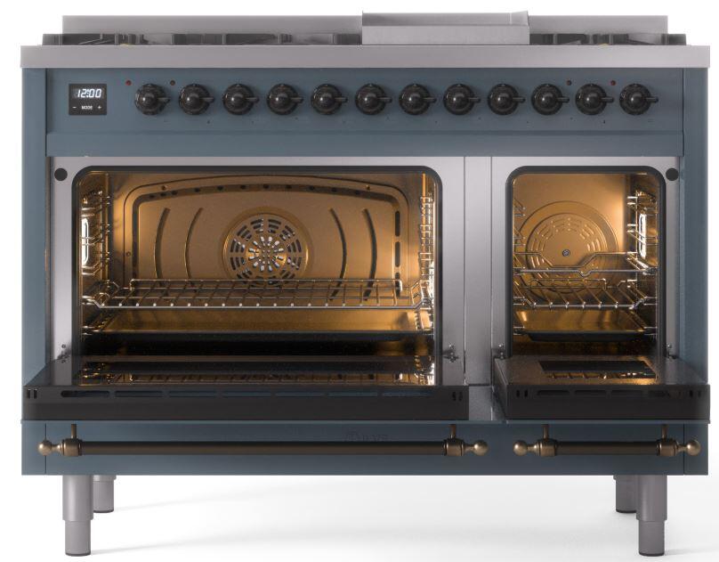 Nostalgie II 48 Inch Dual Fuel Liquid Propane Freestanding Range in Blue Grey with Bronze Trim