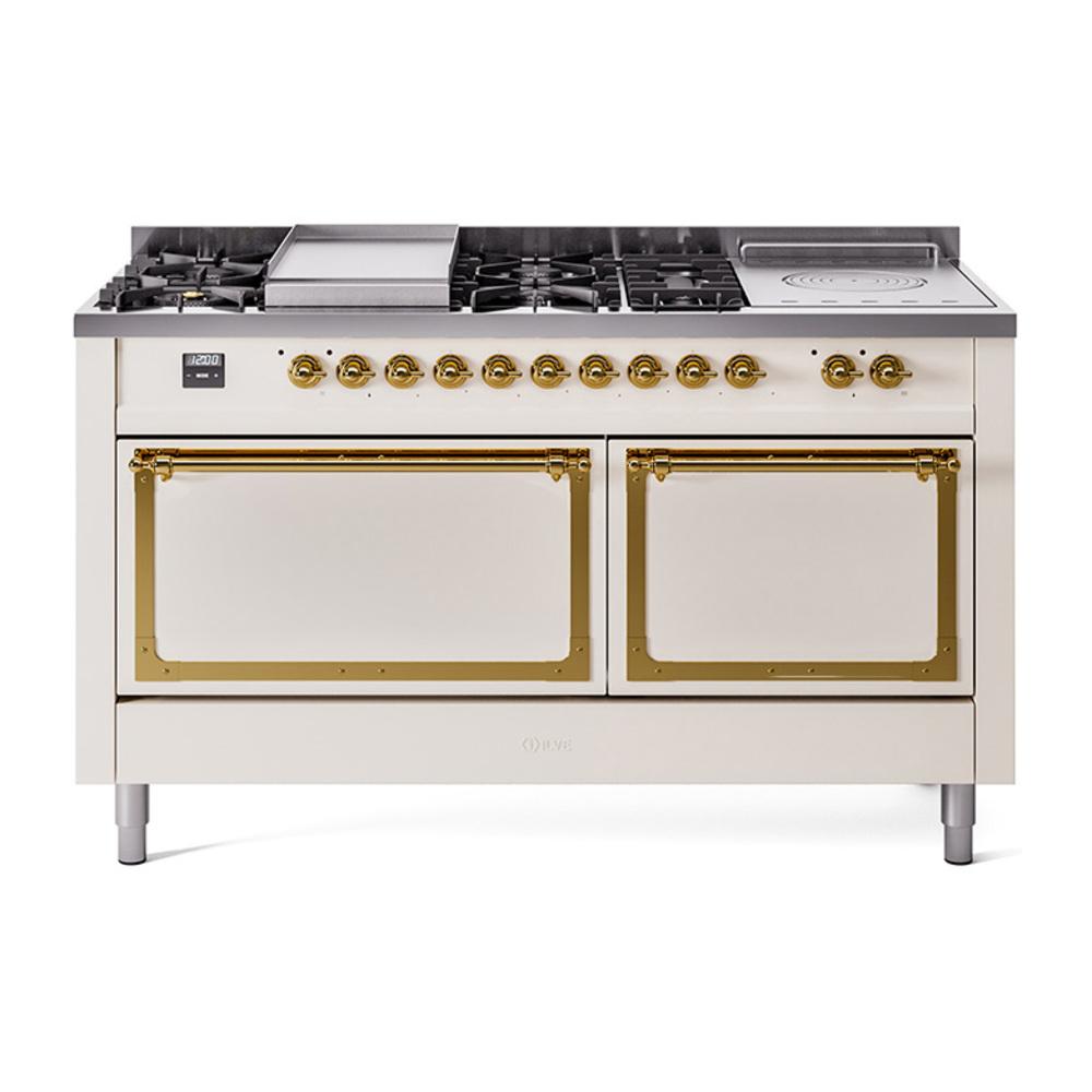 ILVE UN60FSQNMPAWG Nostalgie II Noblesse 60 inch Dual Fuel Range (7 Sealed Burners + Griddle + French Top, Natural Gas, Solid Door, Antique White, Brass)