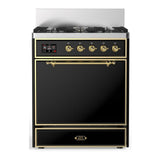 ILVE UM30QNR3BKG Majestic III 30 inch Dual Fuel Range with 5 Black Brass Burners, Dual Function Burner up to 25,000 BTU (Natural Gas, Solid Door, Glossy Black, Brass)