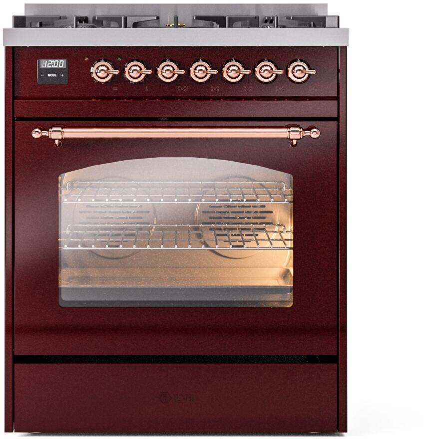 Nostalgie II 30 Inch Dual Fuel Natural Gas Freestanding Range in Burgundy with Copper Trim