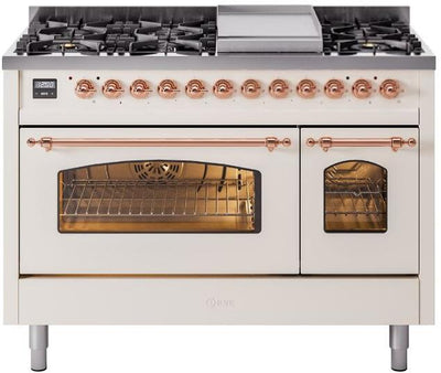 Nostalgie II 48 Inch Dual Fuel Liquid Propane Freestanding Range in Antique White with Copper Trim