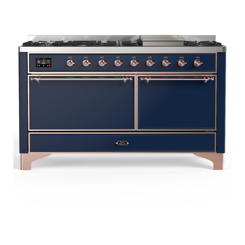 ILVE UM60FQNR3MBP Majestic III 60 inch Dual Fuel Range with 9 Burners and Griddle, Dual Function Burner up to 25,000 BTU (Natural Gas, Solid Door, Midnight Blue, Copper)