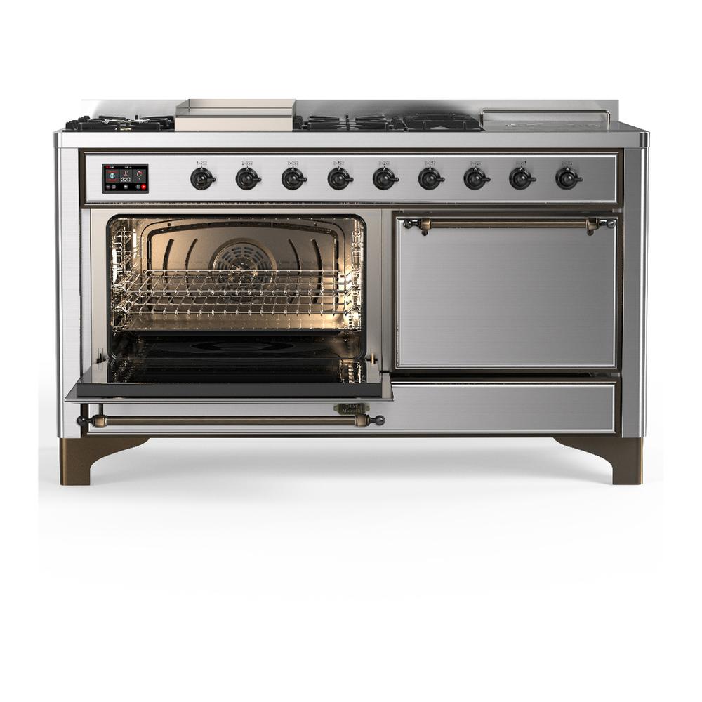 ILVE UM60FSQNR3SSBLP Majestic III 60 inch Dual Fuel Range with 7 Burners, Griddle and French Top, Dual Function Burner with up to 25,000 BTU (Liquid Propane, Solid Door, Stainless Steel, Burnished)