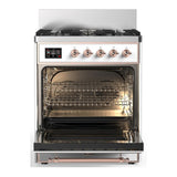 ILVE UM30QNR3WHPLP Majestic III 30 inch Dual Fuel Range with 5 Black Brass Burners, Dual Function Burner up to 25,000 BTU (Liquid Propane, Solid Door, White, Copper)