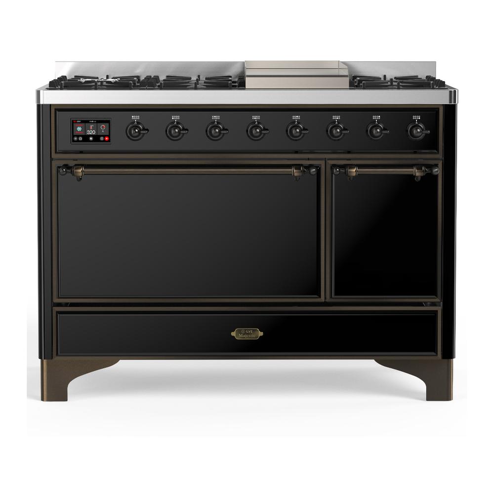 ILVE UM48FQNR3BKB Majestic III 48 inch Dual Fuel Range with 8 Burners and Griddle, Dual Function Burner up to 25,000 BTU (Natural Gas, Solid Door, Glossy Black, Burnished)