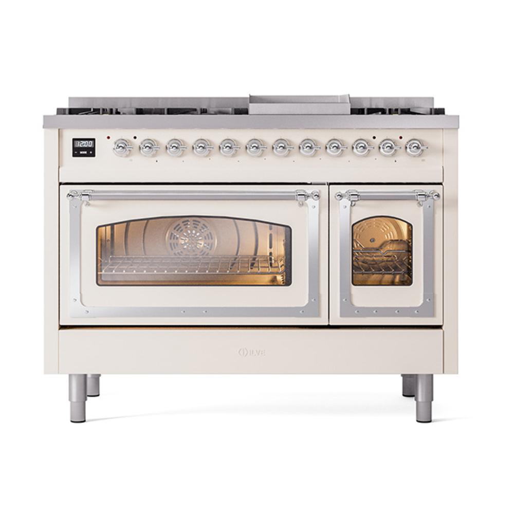 ILVE UN48FNMPAWC Nostalgie II Noblesse 48 inch Dual Fuel Range (8 Sealed Burners + Griddle, Natural Gas, Triple Glass Door, Antique White, Chrome)