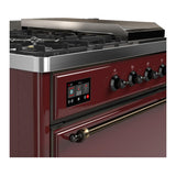 ILVE UM48FSQNR3BUB Majestic III 48 inch Dual Fuel Range with 5 Black Brass Burners, Griddle and French Top, Dual Function Burner up to 25,000 BTU (Natural Gas, Solid Door, Burgundy, Burnished)