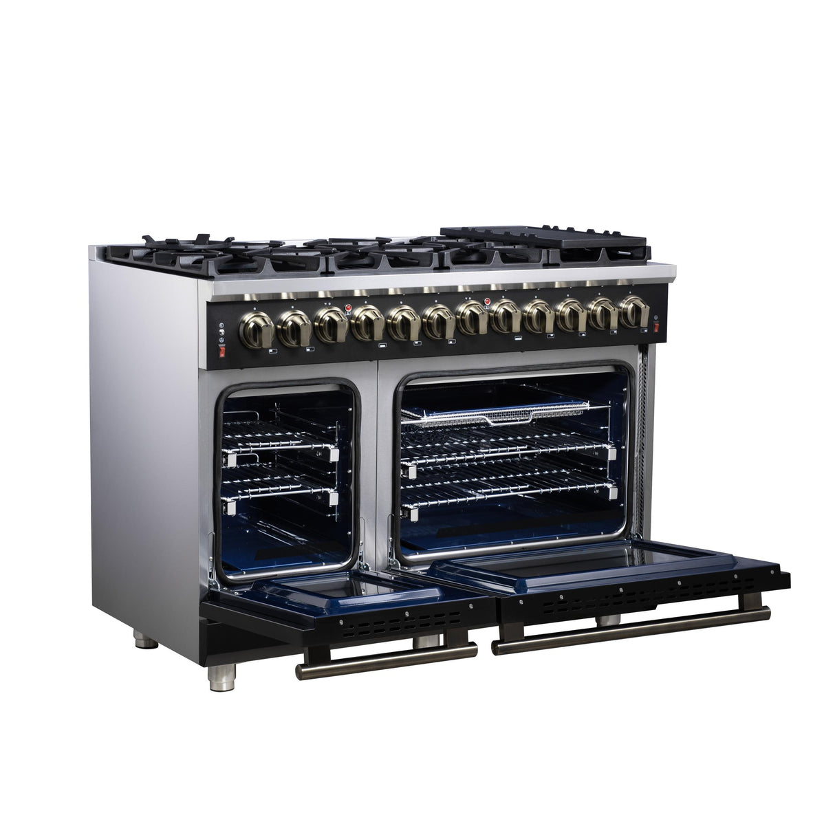 Forno Massimo 48 Inch Freestanding Dual Fuel Range in Black with Antique Brass Accessories, 8 Burners, 6.58 cu. ft. Convection Oven
