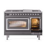 ILVE UN48FNMPMGC Nostalgie II Noblesse 48 inch Dual Fuel Range (8 Sealed Burners + Griddle, Natural Gas, Triple Glass Door, Graphite Matte, Chrome)