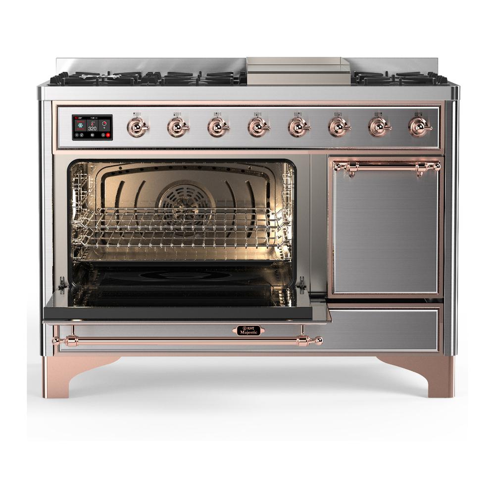 ILVE UM48FQNR3SSPLP Majestic III 48 inch Dual Fuel Range with 8 Burners and Griddle, Dual Function Burner up to 25,000 BTU (Liquid Propane, Solid Door, Stainless Steel, Copper)