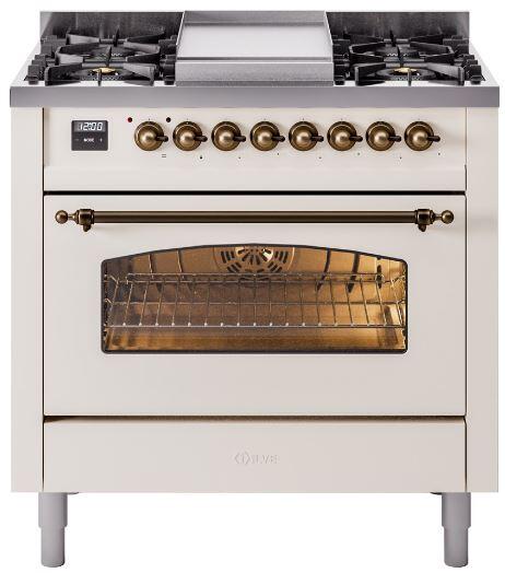 Nostalgie II 36 Inch Dual Fuel Liquid Propane Freestanding Range in Antique White with Bronze Trim