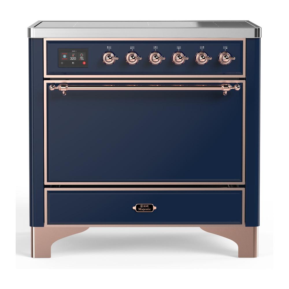 ILVE UMIB36QNR3MBP Majestic III 36 inch Induction Range with 6 Elements, 3.5 cu. ft. Total Oven Capacity (Solid Door, Midnight Blue, Copper)