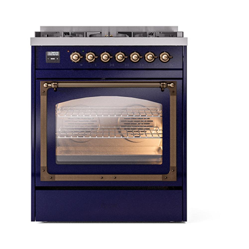 ILVE UN30NMPMBB Nostalgie II Noblesse 30 inch Dual Fuel Range (Natural Gas, Triple Glass Door, Midnight Blue, Burnished)