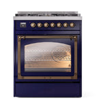 ILVE UN30NMPMBB Nostalgie II Noblesse 30 inch Dual Fuel Range (Natural Gas, Triple Glass Door, Midnight Blue, Burnished)