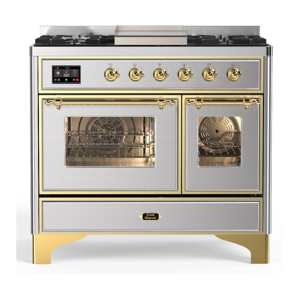 ILVE UMD40FNR3SSGLP Majestic III 40 inch Dual Fuel Range with 6 Burners and Griddle, Dual Function Burner up to 25,000 BTU (Liquid Propane, Triple Glass Door, Stainless Steel, Brass)