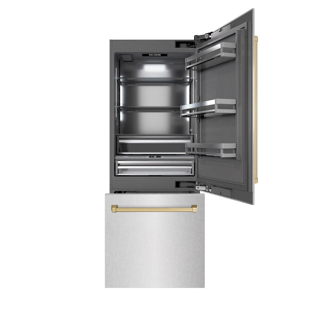 ZLINE Autograph Edition 30 in. 16.1 cu. ft. Built-In Bottom Freezer Refrigerator with Water Dispenser and Ice Maker in DuraSnow' Stainless Steel with Graphite Gray Interior and Champagne Bronze Accents (GRBIVZ-SN-30-CB)