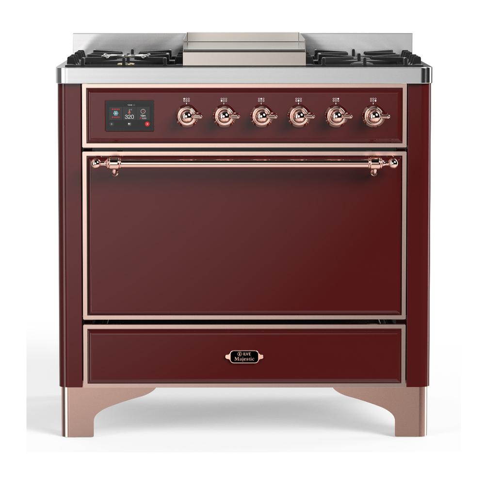 ILVE UM36FQNR3BUPLP Majestic III 36 inch Dual Fuel Range with 6 Black Brass Burners and Griddle, Dual Function Burner up to 25,000 BTU (Solid Door, Burgundy, Copper, Liquid Propane)