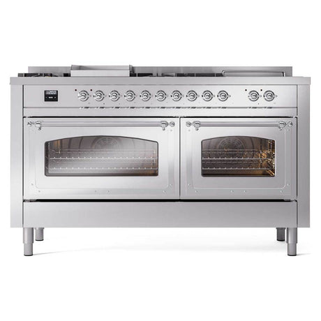 ILVE UN60FSNMPSSCLP Nostalgie II Noblesse 60 inch Dual Fuel Range (7 Sealed Burners + Griddle + French Top, Liquid Propane, Triple Glass Door, Stainless Steel, Chrome)